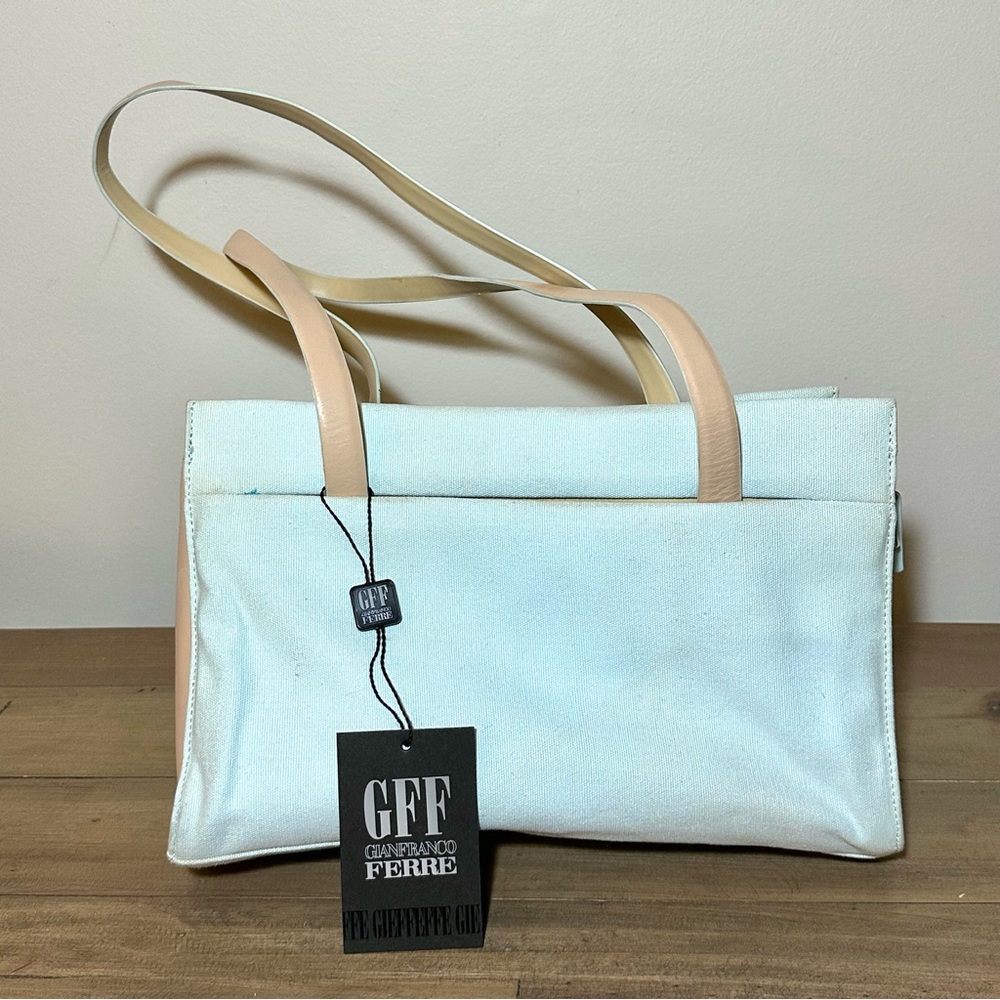 Gianfranco Ferre pastel turquoise tan canvas and leather shoulder bag with tags